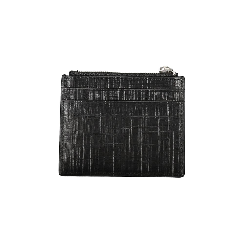 Calvin Klein Black Leather Wallet with card holder, central pocket, and zip closure, featuring logo detailing.