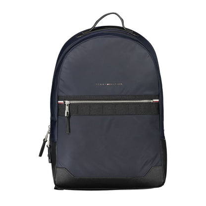 Tommy Hilfiger Blue Polyester Backpack with adjustable straps, external pocket, internal compartment, zipper closure, and logo detail.