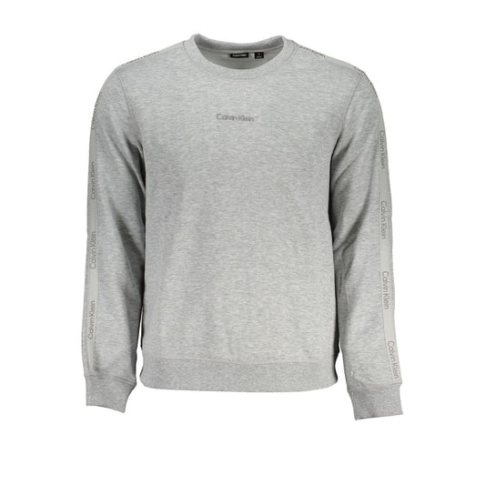 Calvin Klein Gray Polyester Men Sweater with crew neck and long sleeves, featuring contrast details and bold logo for casual style.