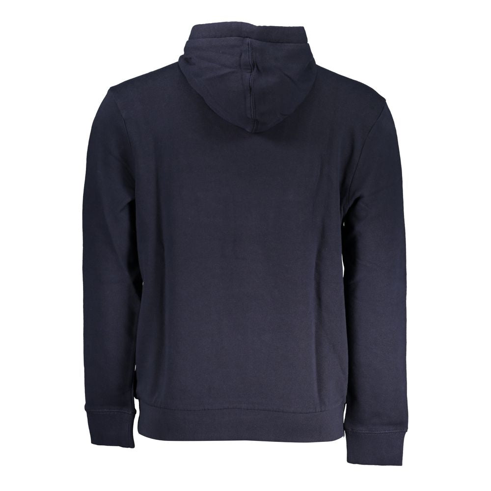 Back view of Napapijri Blue Cotton Men Sweater with hood, featuring soft brushed cotton for comfort and style.