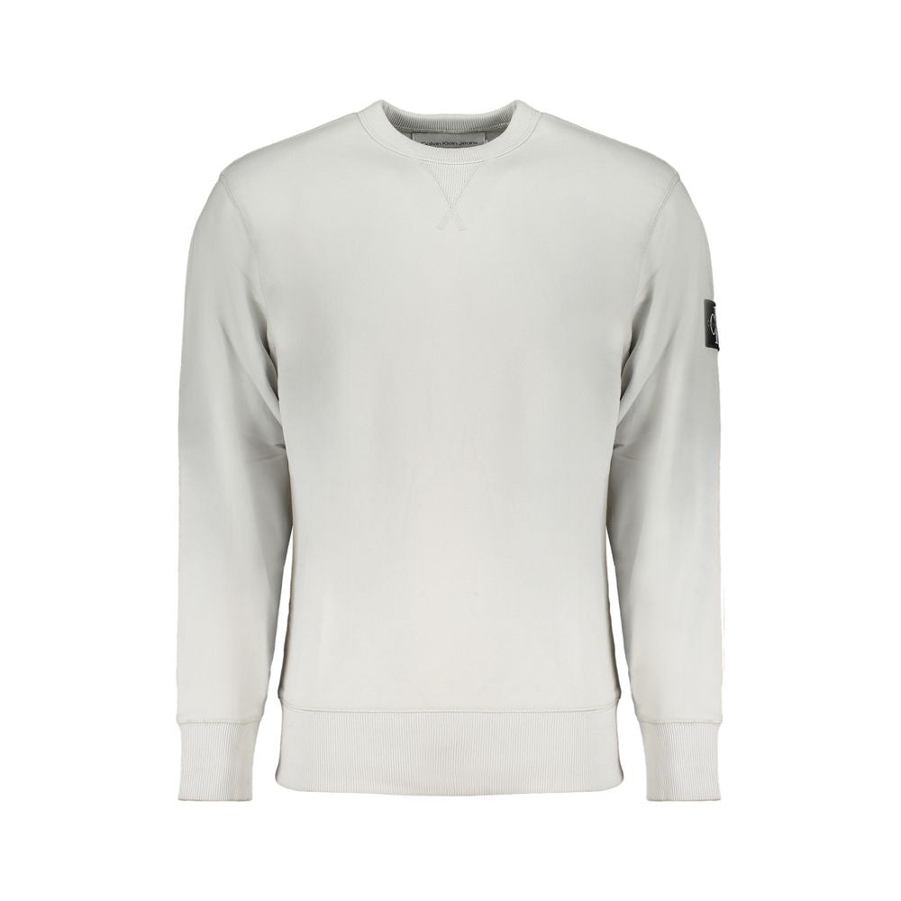 Calvin Klein Gray Cotton Men Sweater with crew neck and brushed interior showcasing high-contrast details and Calvin Klein logo.