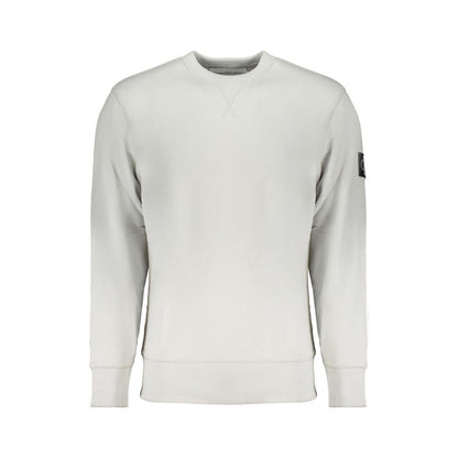Calvin Klein Gray Cotton Men Sweater with crew neck and brushed interior showcasing high-contrast details and Calvin Klein logo.