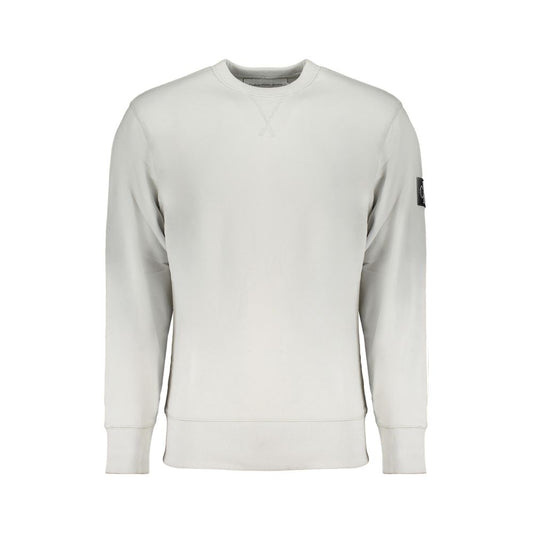 Calvin Klein Gray Cotton Men Sweater with crew neck and long sleeves, featuring high-contrast details and logo for urban sophistication.