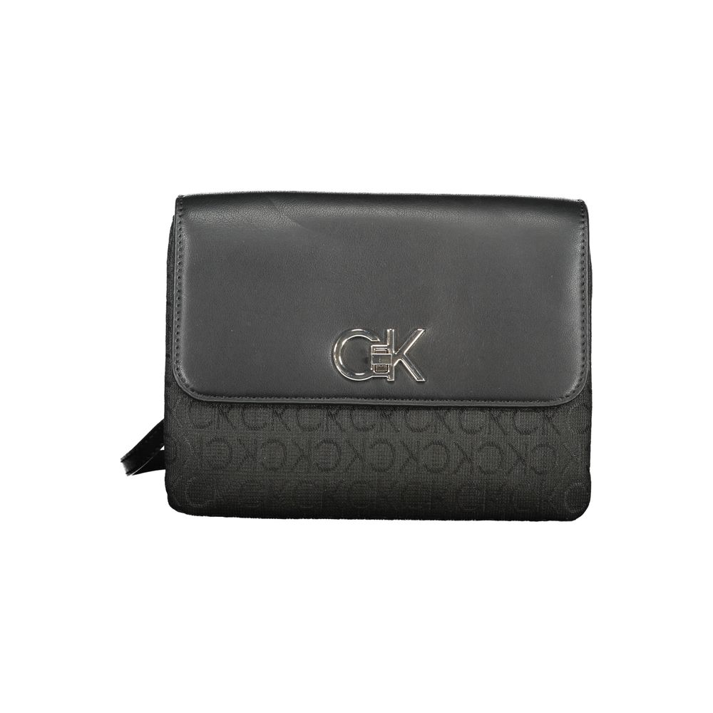 Calvin Klein Black Polyester Handbag with logo, chain handle, adjustable strap, and turn closure, made from 100% recycled polyester.