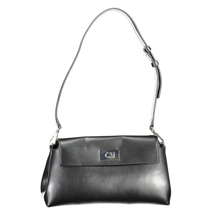 Calvin Klein Black Polyester Handbag with adjustable strap, snap closure, and logo plate.