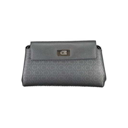 Calvin Klein Black Polyester Handbag with logo and snap closure, featuring adjustable and removable strap, 50% recycled material.
