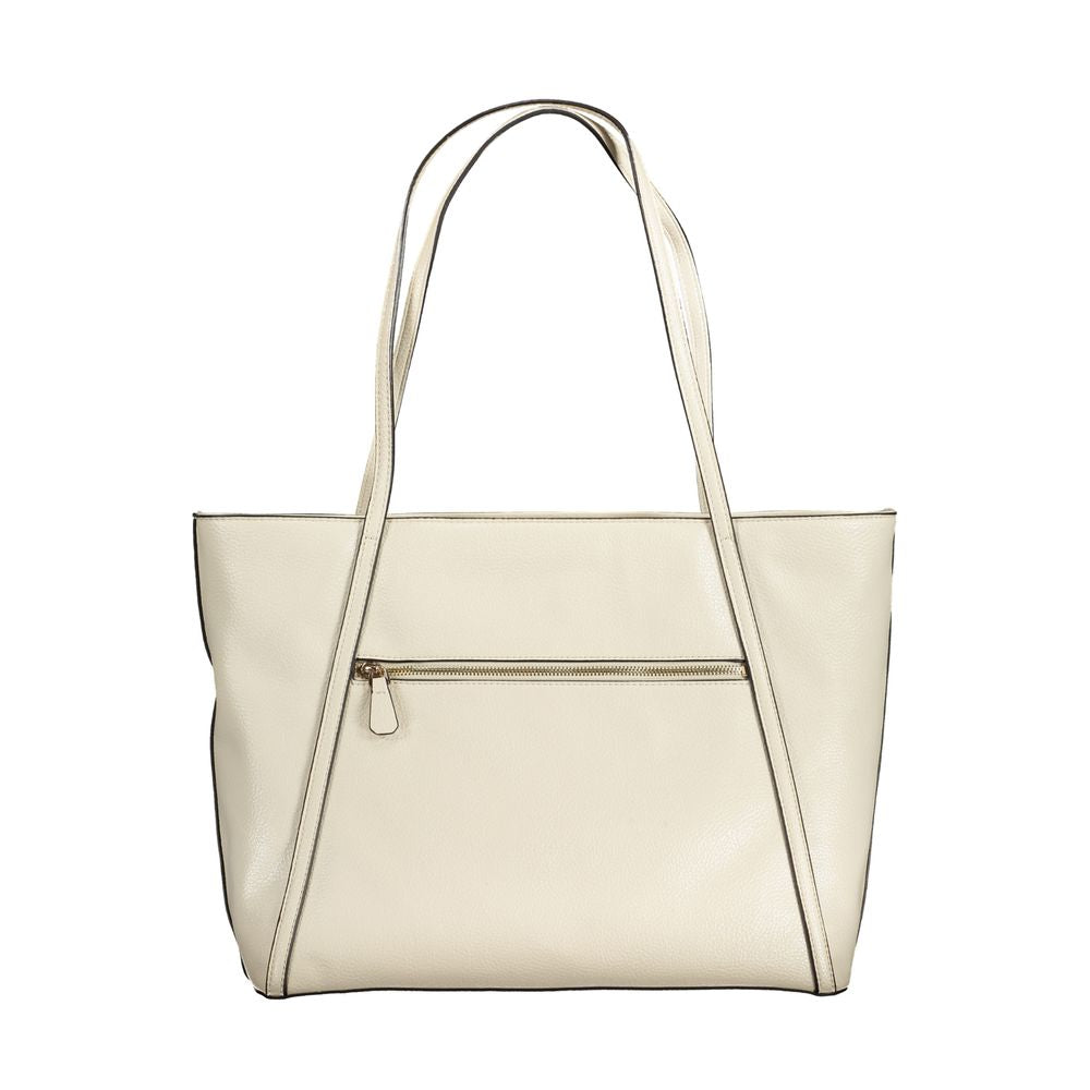 Guess Jeans Beige Polyethylene Handbag with dual shoulder handles, external and internal pockets, and contrasting details.