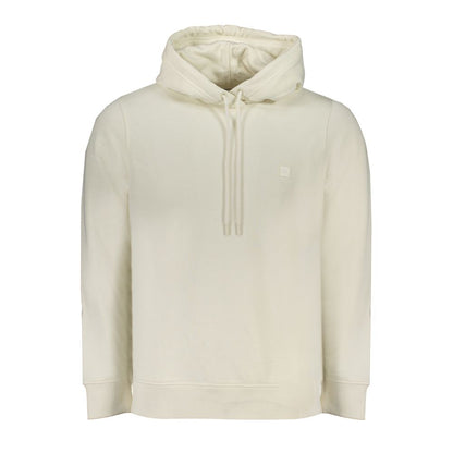 Calvin Klein White Cotton Men Sweater with hood, showcasing sleek design and logo, crafted with 50% regenerative materials for sustainability.