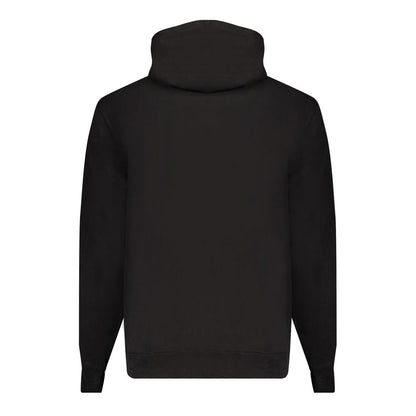 Rear view of Calvin Klein Black Cotton Men Sweater with hood, showcasing sleek design and eco-friendly cotton fabric.