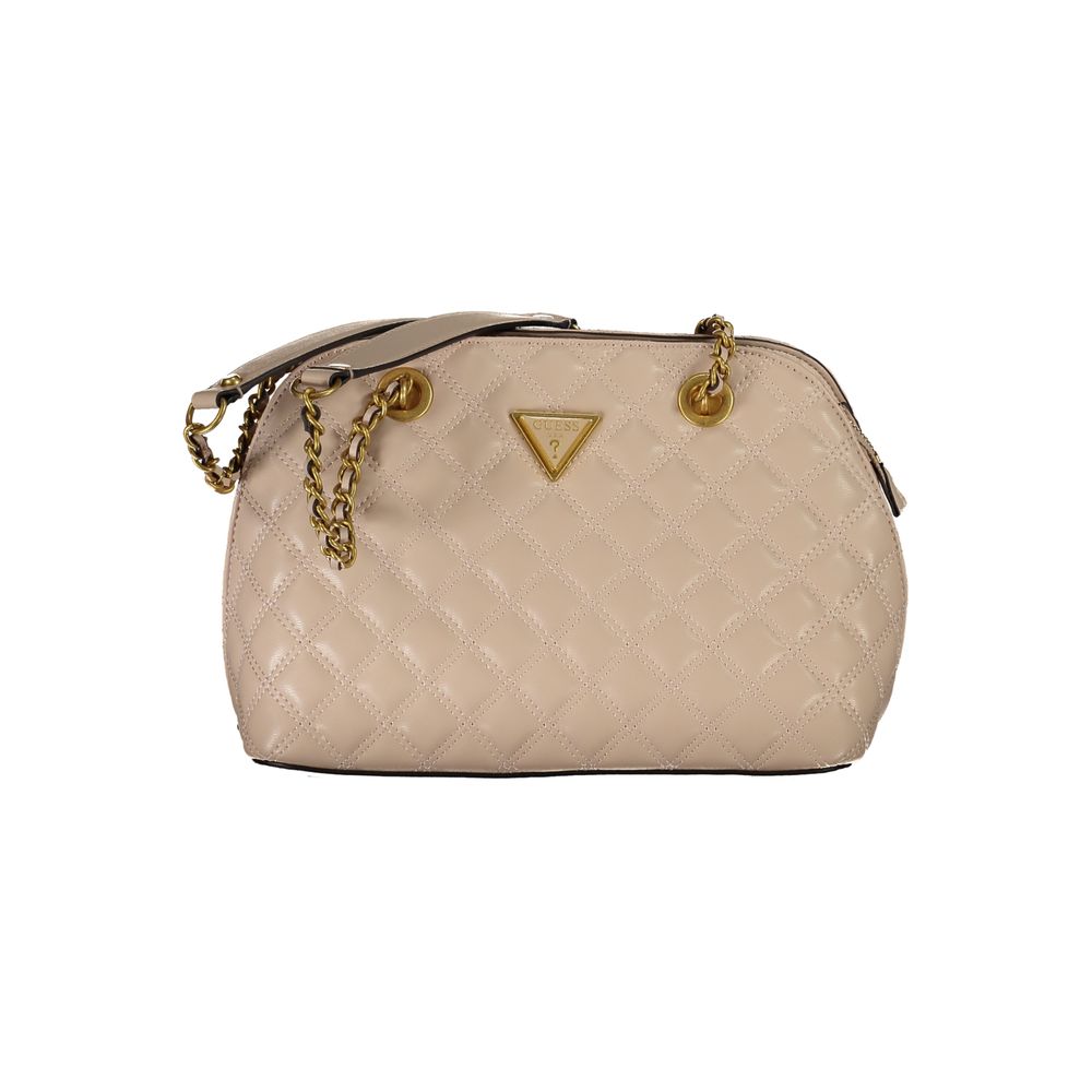 Guess Jeans Beige Polyethylene Handbag with chain shoulder handles, external pocket, compartments, and logo detailing.