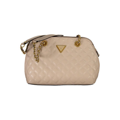 Guess Jeans Beige Polyethylene Handbag with chain shoulder handles, external pocket, compartments, and logo detailing.