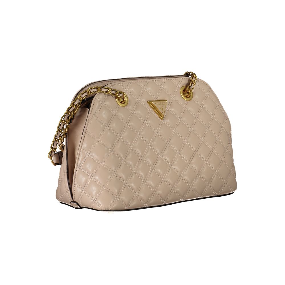Guess Jeans Beige Polyethylene Handbag with chain handles, zip closure, and external compartments.