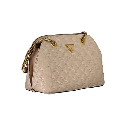 Guess Jeans Beige Polyethylene Handbag with chain handles, zip closure, and external compartments.