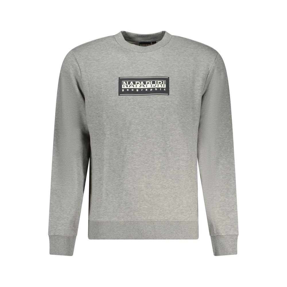 Napapijri Gray Cotton Men Sweater with logo, crew neck design, and durable cotton-polyester blend for contemporary street style.