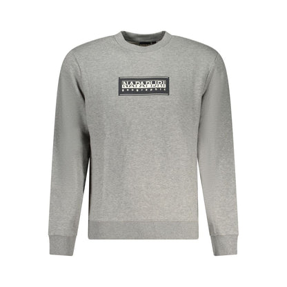 Napapijri Gray Cotton Men Sweater with logo, crew neck design, and durable cotton-polyester blend for contemporary street style.
