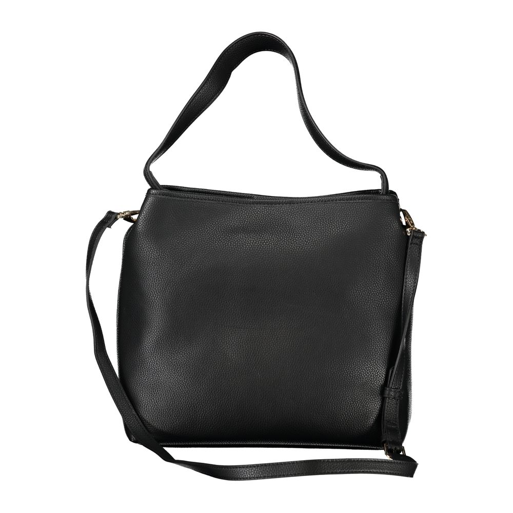 Mario Valentino Black Polyethylene Handbag featuring shoulder handle, adjustable strap, and logo design.