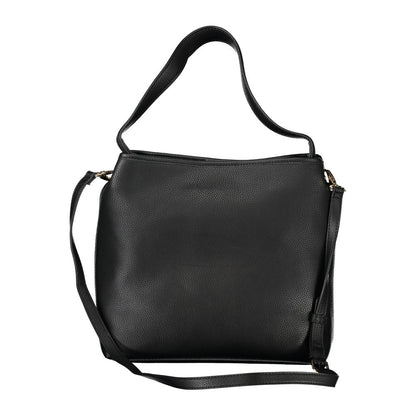 Mario Valentino Black Polyethylene Handbag featuring shoulder handle, adjustable strap, and logo design.