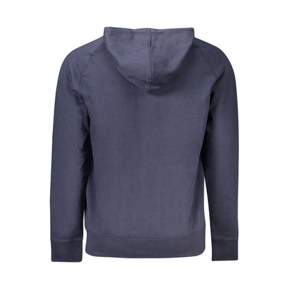 Rear view of Timberland Blue Cotton Men Sweater, featuring long sleeves, hood, and sleek design for comfort and style.