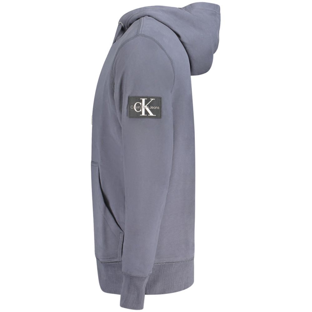 Calvin Klein Blue Cotton Men Sweater with hood, logo patch, and front pocket for casual style