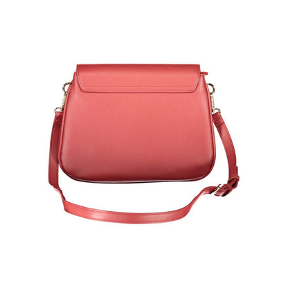 Mario Valentino Red Polyethylene Handbag with adjustable strap, dual compartments, internal pockets, and logo detail
