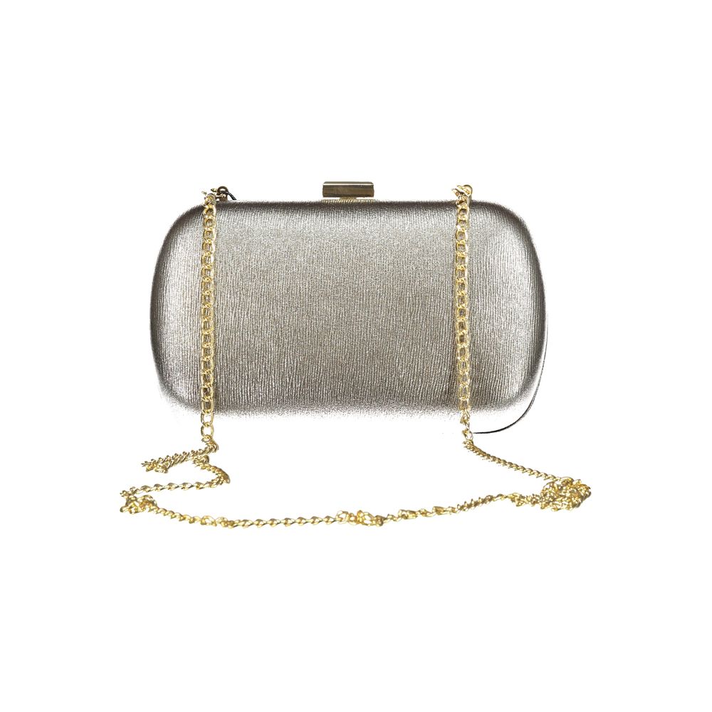 Mario Valentino Gray Polyethylene Handbag with removable chain shoulder strap and snap closure, featuring logo detail.