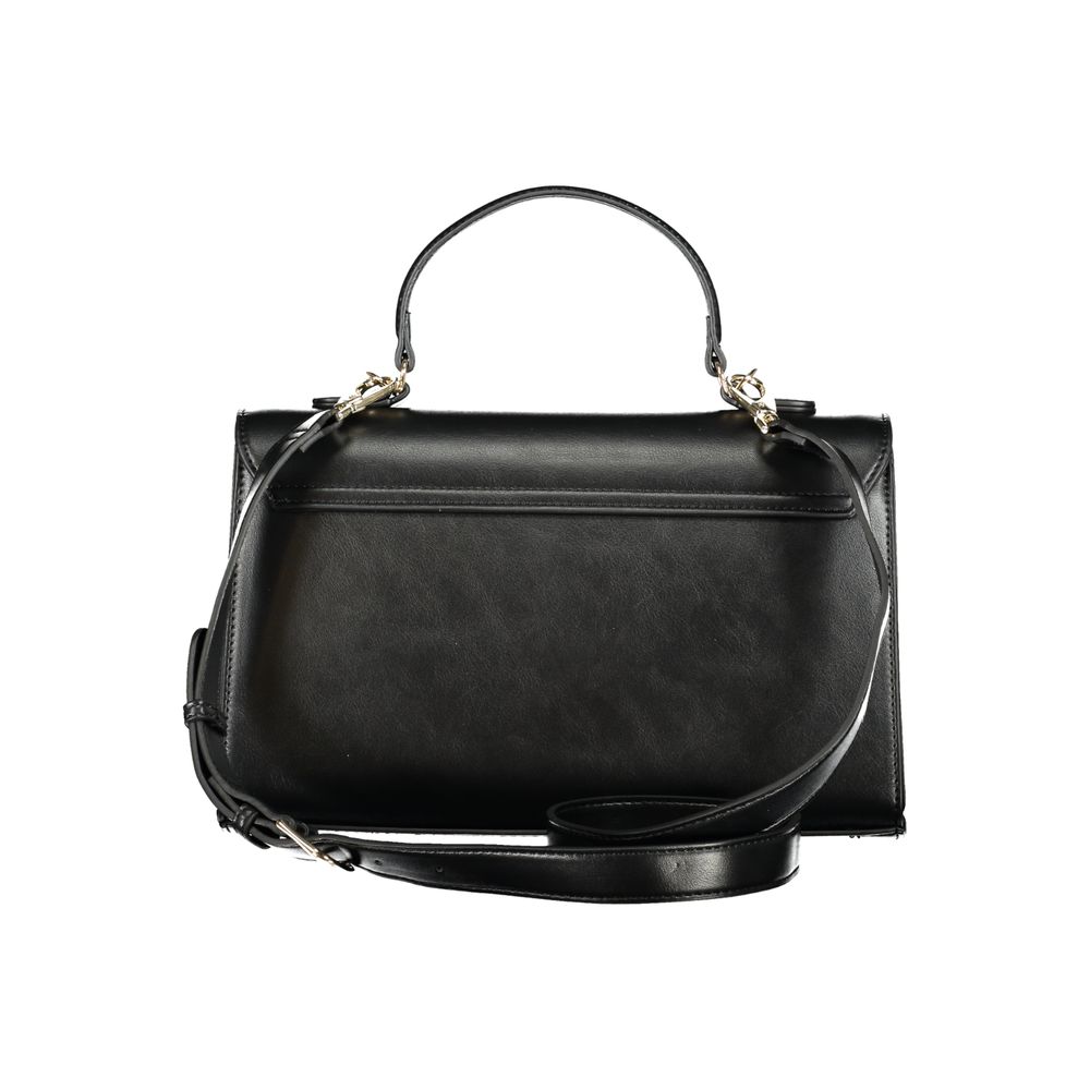 Mario Valentino Black Polyethylene Handbag with handle, adjustable strap, multiple compartments, protective feet, and snap closure.