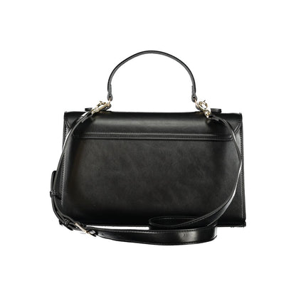 Mario Valentino Black Polyethylene Handbag with handle, adjustable strap, multiple compartments, protective feet, and snap closure.