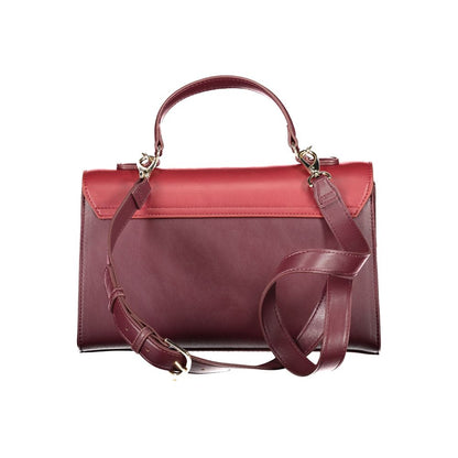 Alt Tag: Mario Valentino Red Polyethylene Handbag with adjustable strap, two compartments, central pocket, protective feet, and snap closure.