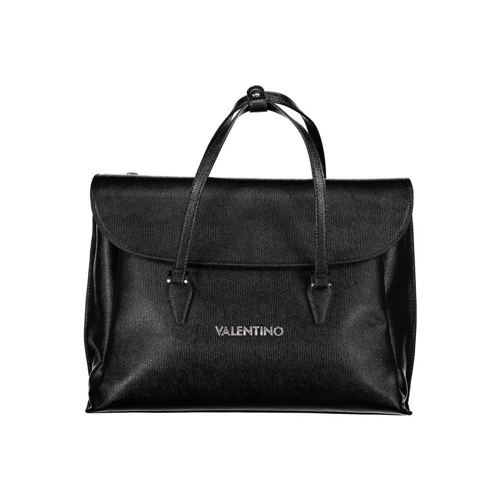 Mario Valentino Black Polyethylene Handbag with adjustable strap, laptop and pen holder, snap closure, and logo detail.