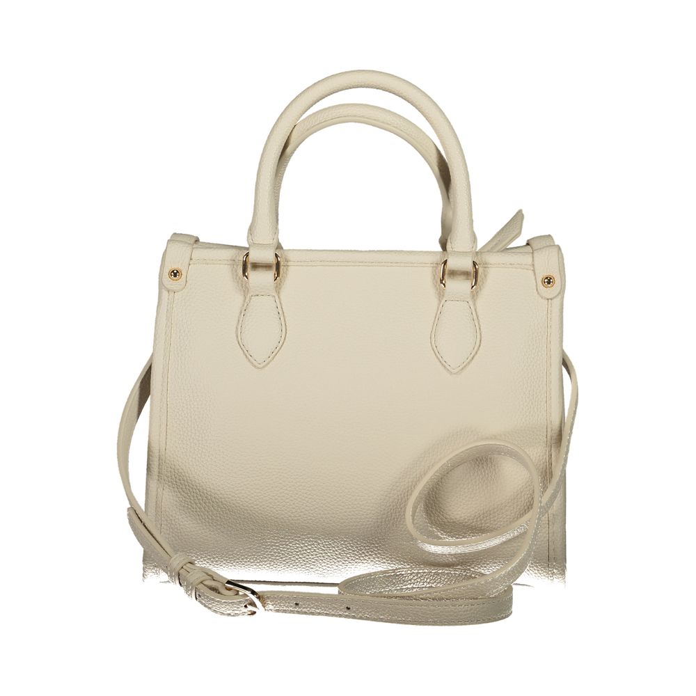 Mario Valentino Beige Polyethylene Handbag with adjustable strap, zip closure, and logo. Features 2 handles and protective feet.