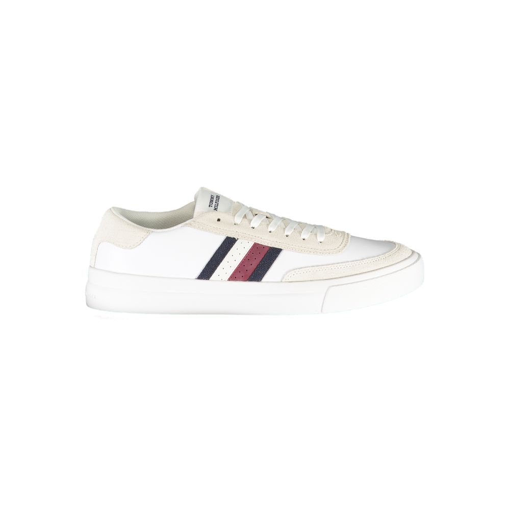 Tommy Hilfiger White Polyester Sneaker with stripes and logo, sports footwear with laces and contrast details.