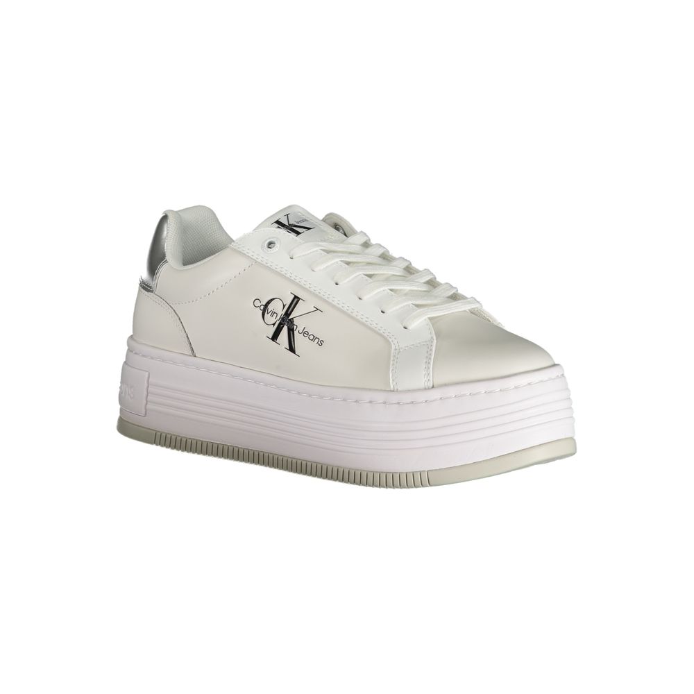 Calvin Klein White Polyester Sneaker with wedge heel, laces, and logo print. Ideal sports footwear with contrast details.