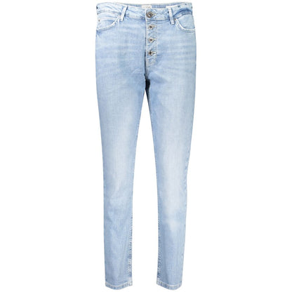 Guess Jeans Blue Cotton Women Jeans with high-waisted fit, classic 5-pocket design, and button details in light blue for stylish comfort.