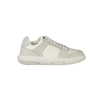 Tommy Hilfiger White Polyester Sneaker with laces, grey details, removable footbed, and logo print sports shoe.