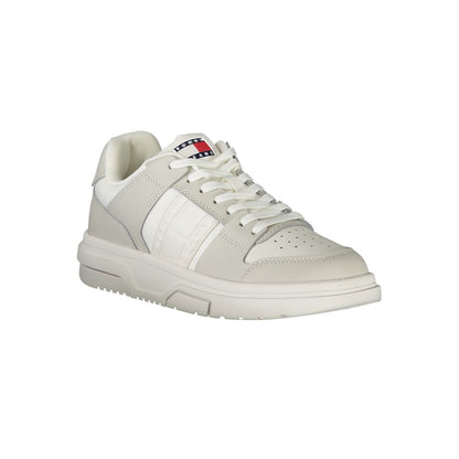 Tommy Hilfiger White Polyester Sneaker with laces, grey contrasting details, removable footbed, and logo print.