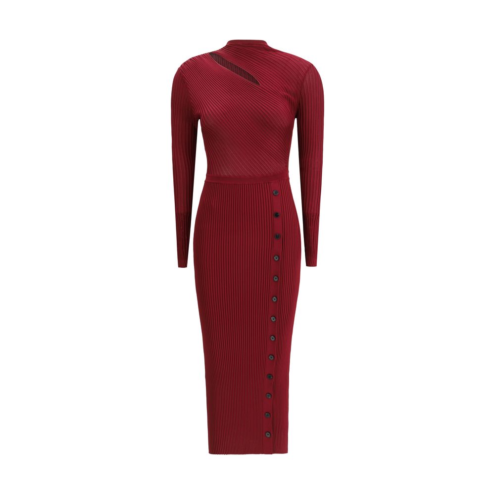 Self-Portrait Bordeaux Viscose Casual Dress with ribbed design, long sleeves, button closure, and modern cut-out detail. AW25 collection.