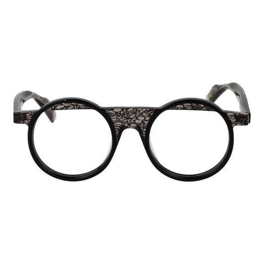 Yohji Yamamoto Black Unisex Glasses Frame, full-rim round acetate, demo lenses, 49-21-148 size with branded case.