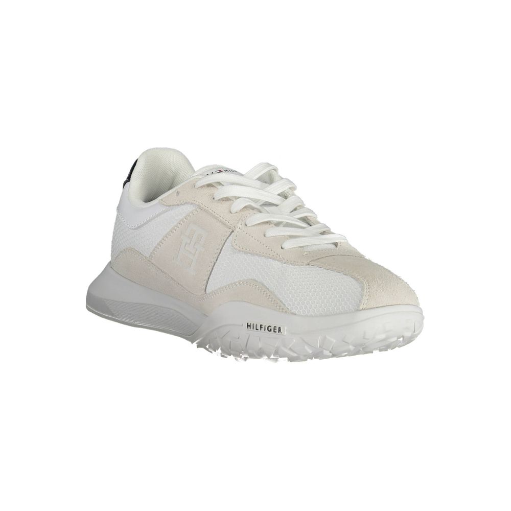 Tommy Hilfiger White Polyester Sneaker with laces and logo, featuring contrasting details, made from 100% recycled polyester.
