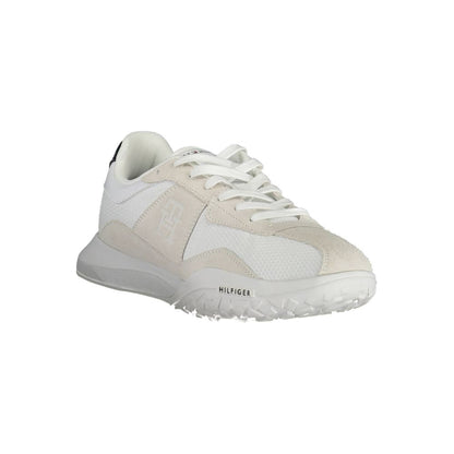 Tommy Hilfiger White Polyester Sneaker with laces and logo, featuring contrasting details, made from 100% recycled polyester.