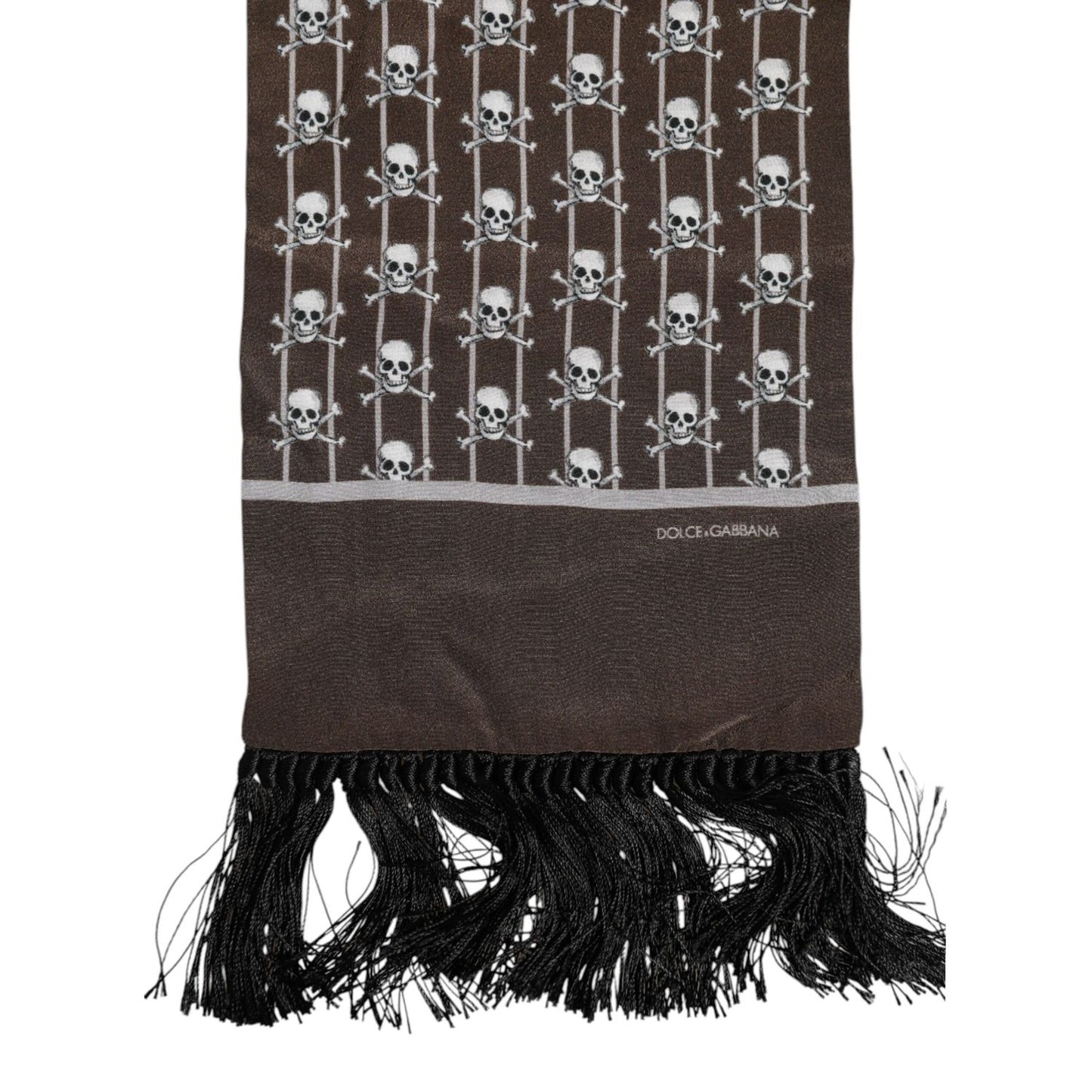 Dolce & Gabbana Brown Skulls Print Fringes Men Foulard Scarf