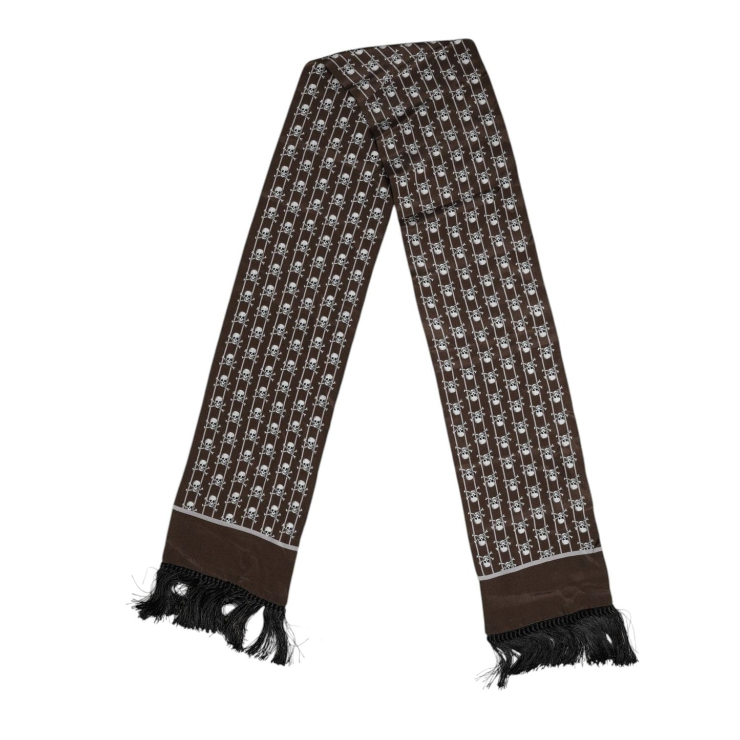 Dolce & Gabbana Brown Skulls Print Fringes Foulard Scarf