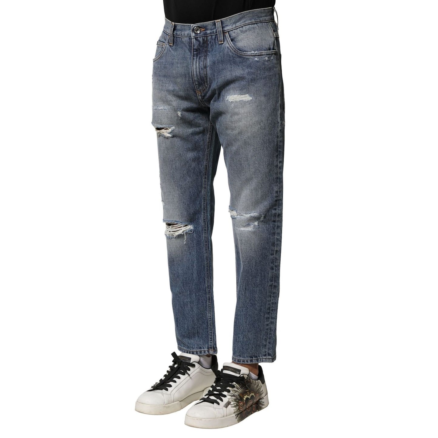 Dolce & Gabbana Blue Washed Tattered Straight Fit Denim Jeans