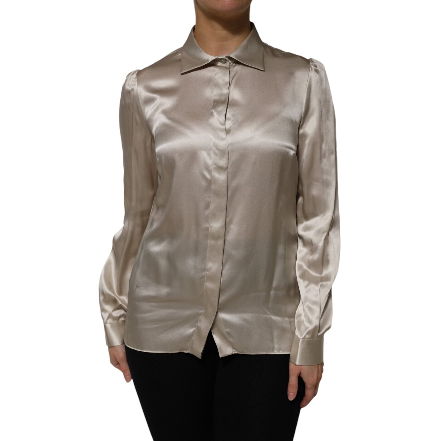 Dolce & Gabbana Beige Satin Silk Collared Long Sleeves Top