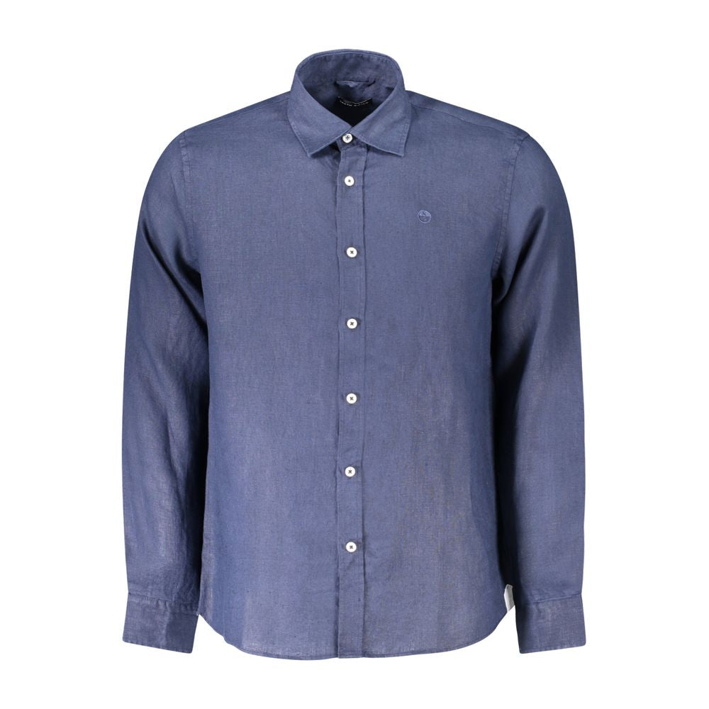 North Sails Blue Linen Shirt with long sleeves, Italian collar, 1 button cuffs, embroidery, and logo, part of the Ocean Positive collection.