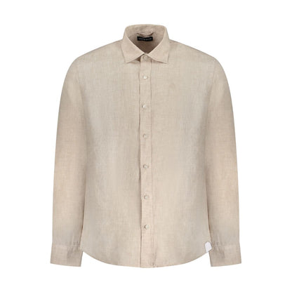 North Sails Beige Linen Shirt with Italian collar, long sleeves, and 1-button cuffs, featuring logo embroidery and ocean positive design.