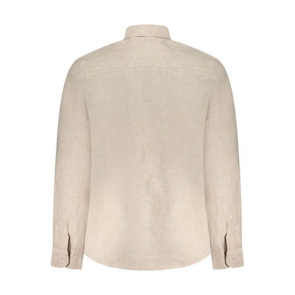 Rear view of North Sails Beige Linen Shirt with long sleeves, Italian collar, button cuffs, embroidery, and ocean positive logo.
