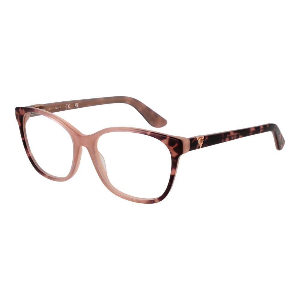 Alt Tag: Guess Pink Women Glasses Frame in rose acetate with full-rim rectangle style, size 53-15-140, includes branded case.