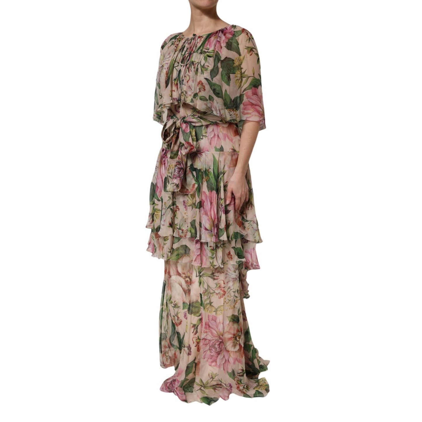 Dolce & Gabbana Pink Floral Print Tiered Long Maxi Dress