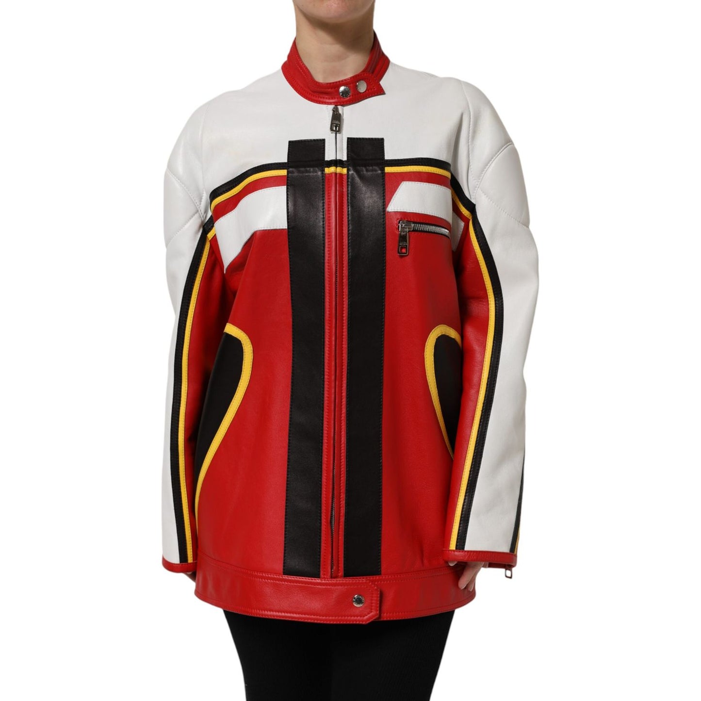 Dolce & Gabbana Multicolor Leather Biker Full Zip Coat Jacket