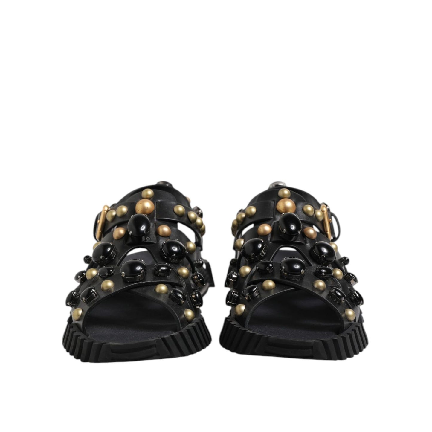 Dolce & Gabbana Black Leather Studded Ankle Strap Sandals Shoes